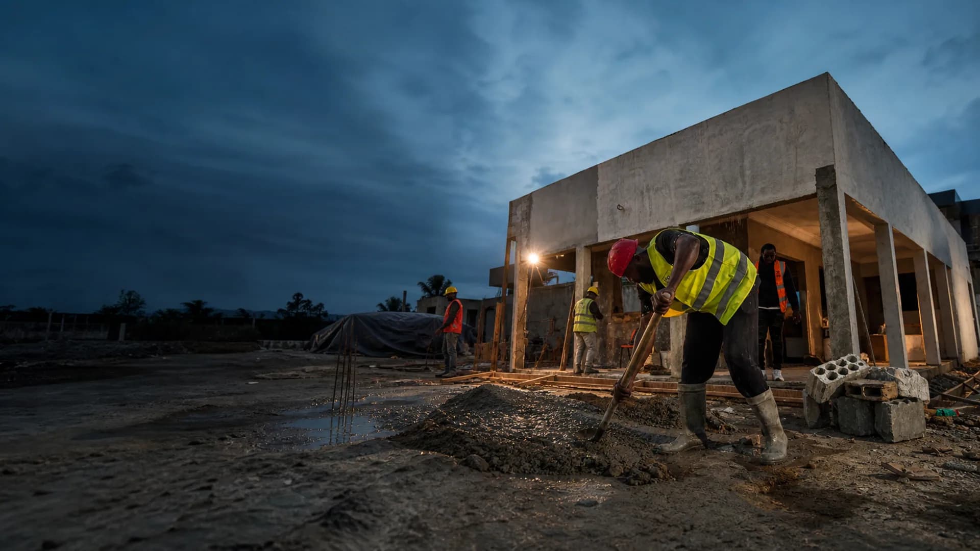 Équipe de construction mobilisée sur un chantier d'infrastructure en Afrique